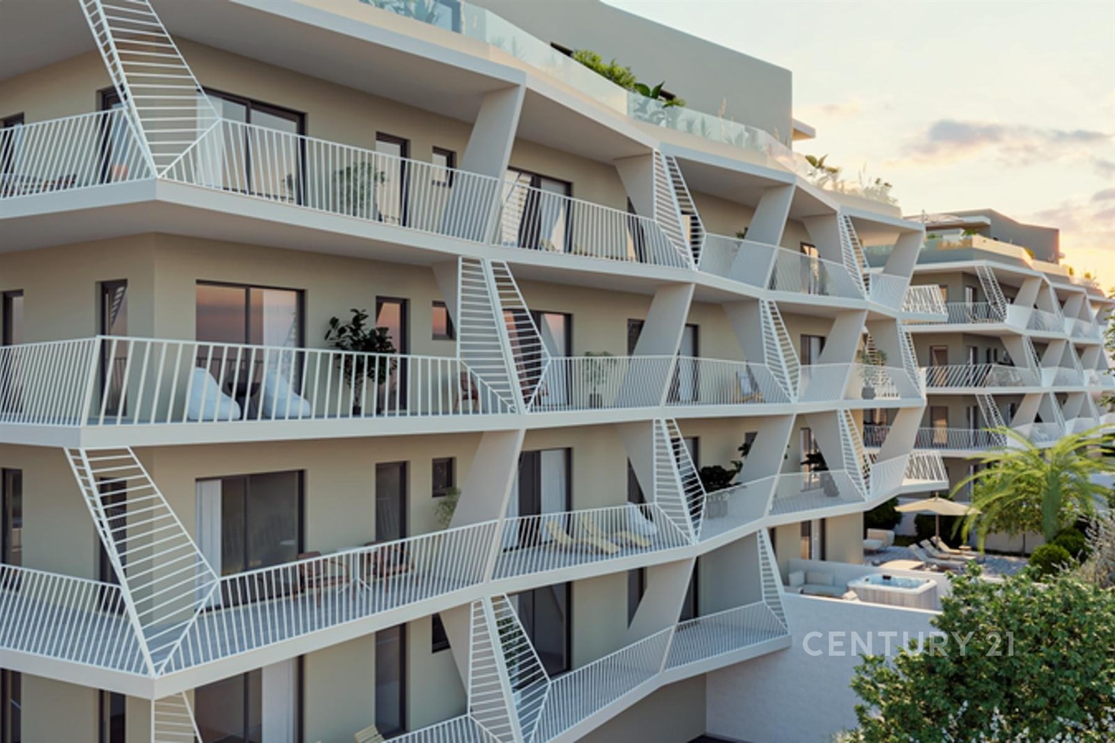 Moderní bytový komplex s balkony, geometrické zábr