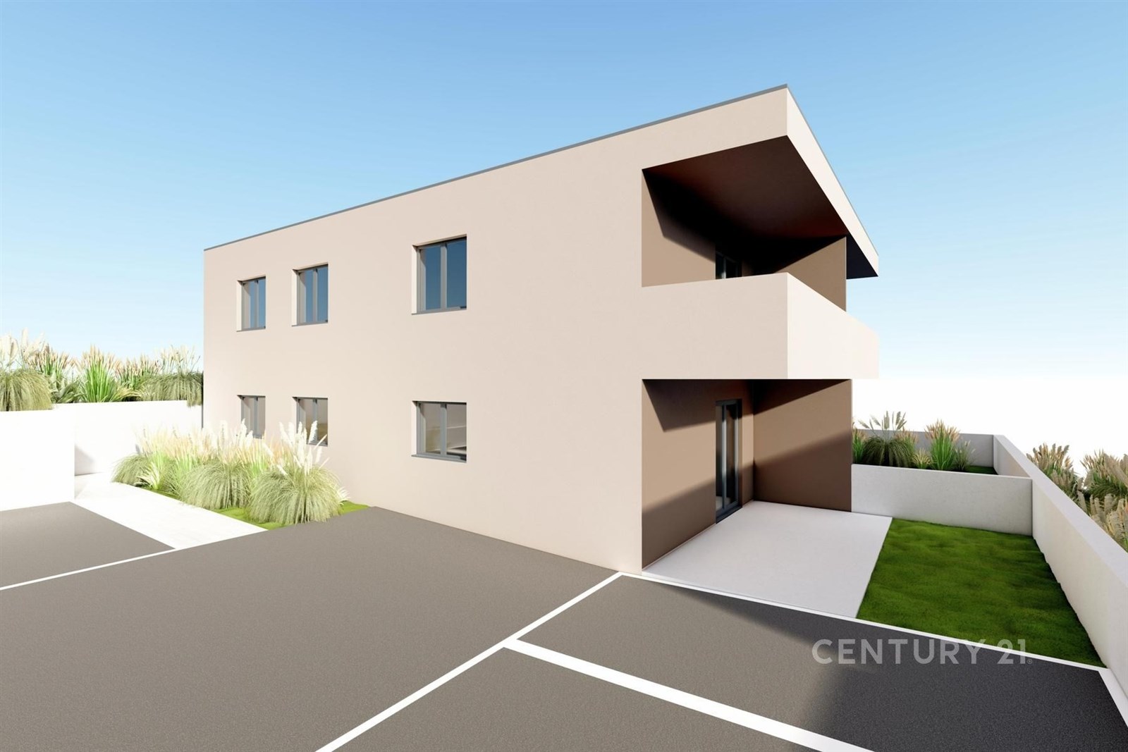 Moderní exteriér bytu se světlou fasádou, prostorn