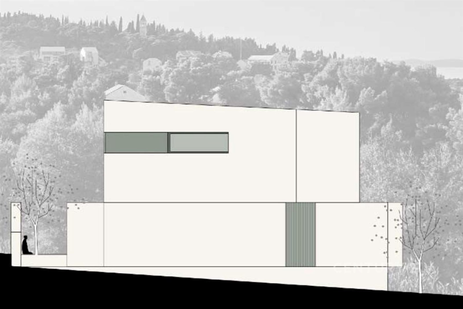 Návrh moderní vily s čistými liniemi, fasádou v bílém provedení a panoramatickým výhledem na lesnatou krajinu, minimalistická architektura.