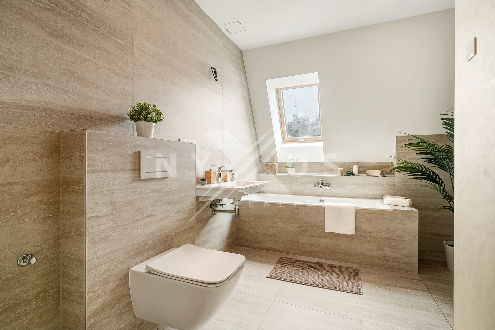 Koupelna s toaletou, vanou a sprchovým koutem