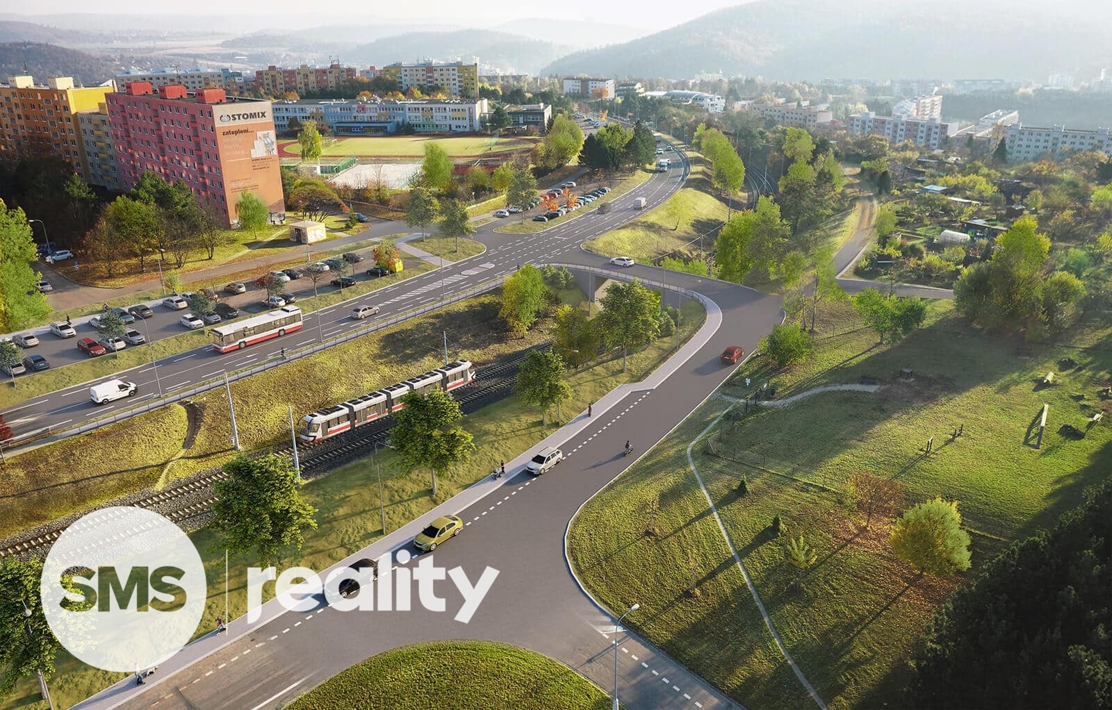 Vizualizace napojení na cestu k pozemku mostem z hlavní komunikace