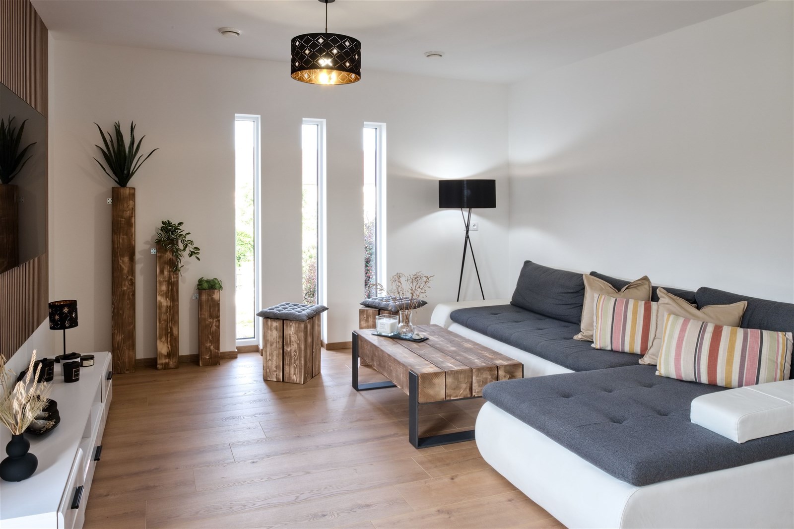 obývací pokoj s dřevěná podlaha a přirozené světlo