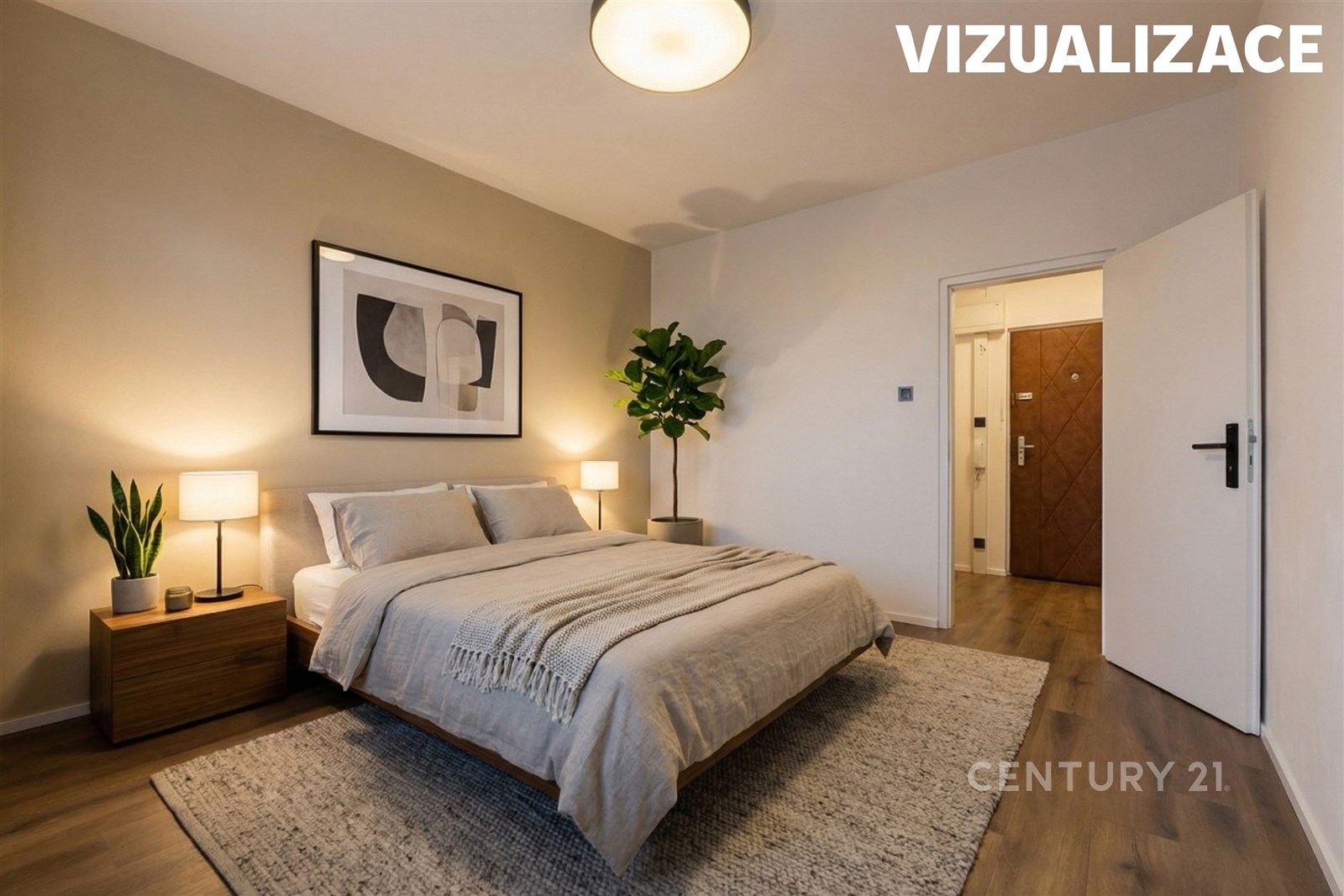 Prostorná ložnice s parketovou podlahou, moderním 