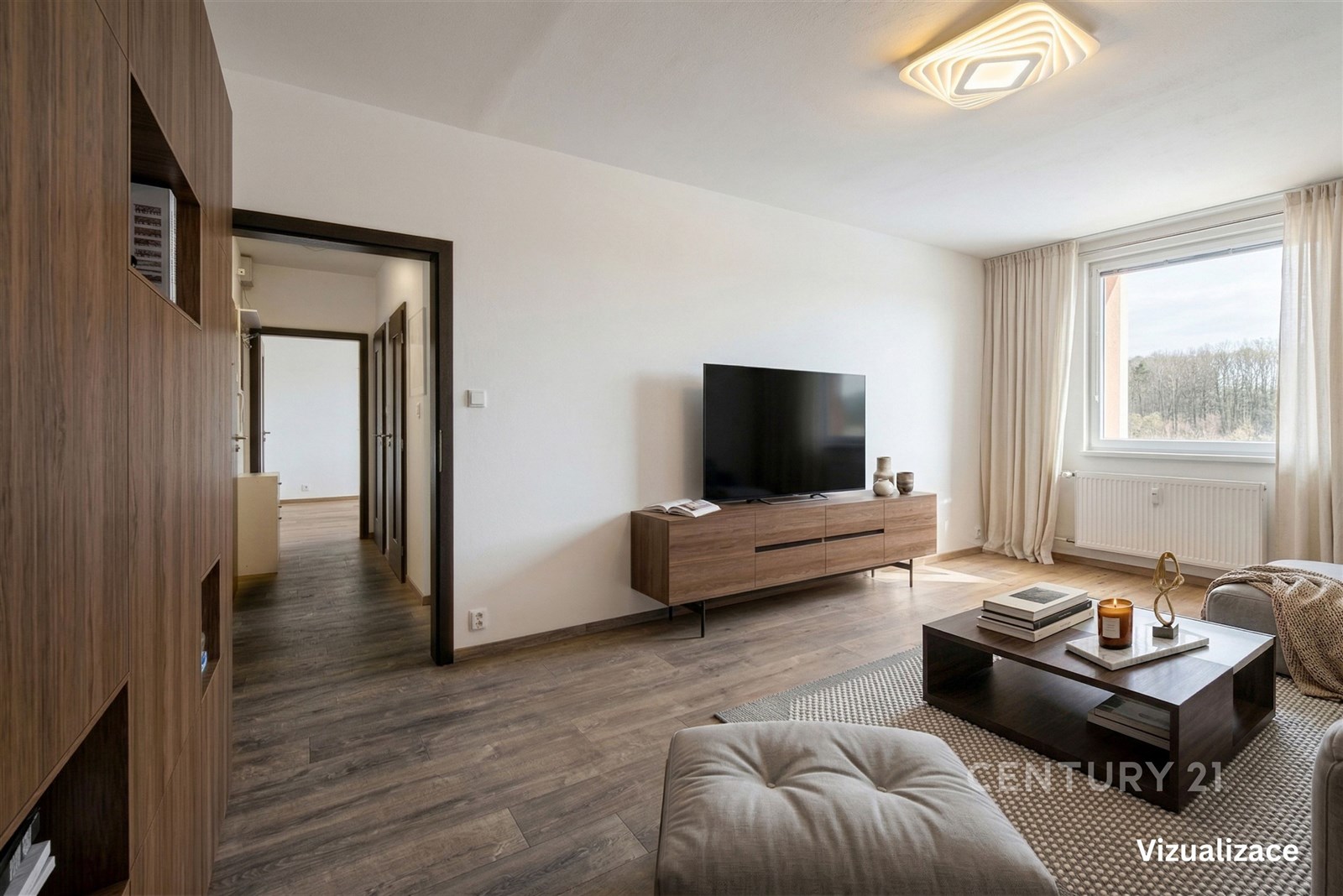 Světlý obývací pokoj s dřevěnou podlahou, velká ok
