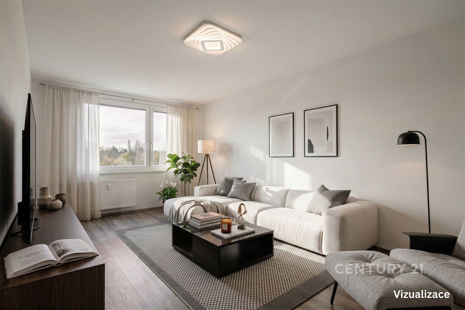 Světlý obývací pokoj s moderní sedačkou, velkými o