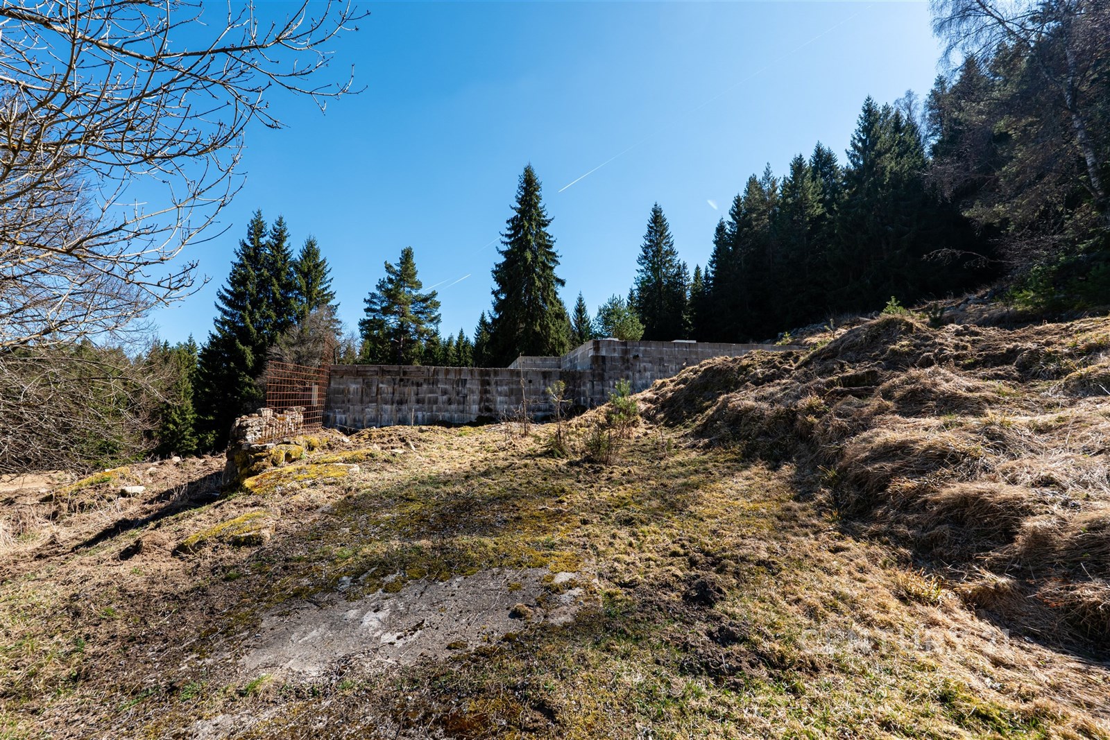 Část stavebního pozemku obklopeného lesem s mírně 