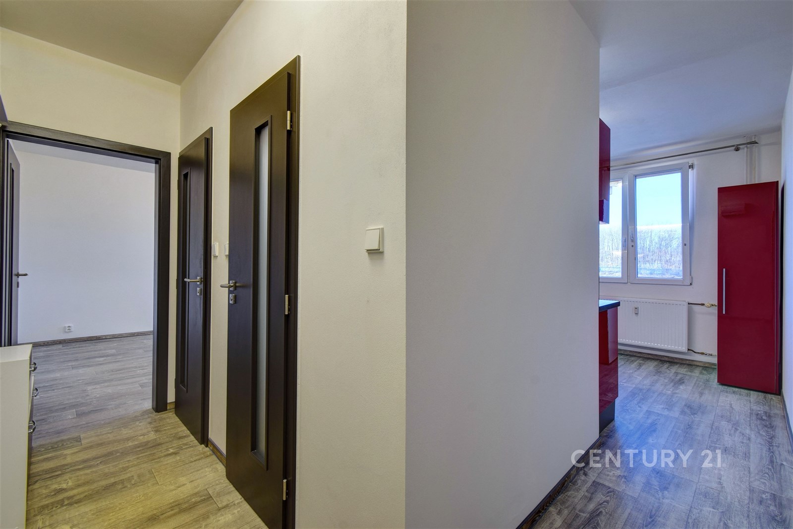 Chodba s moderními dveřmi a dřevěnou podlahou, ved