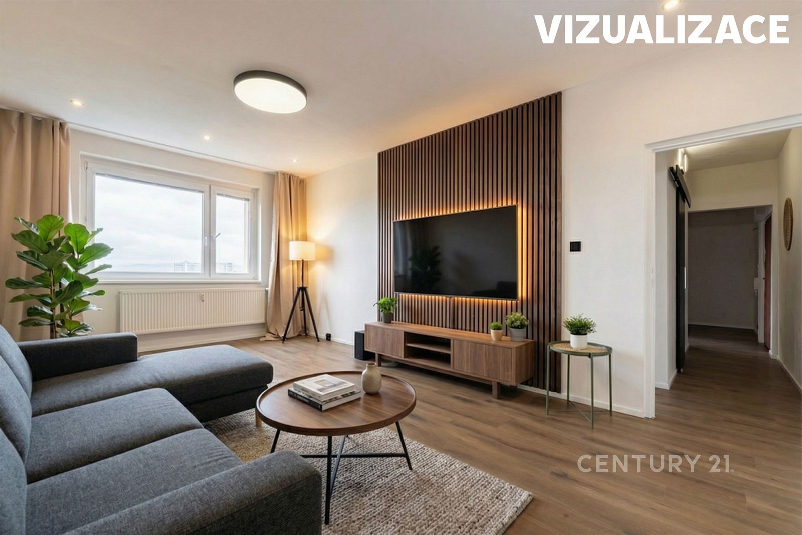 Světlý obývací pokoj s parketovou podlahou a velký