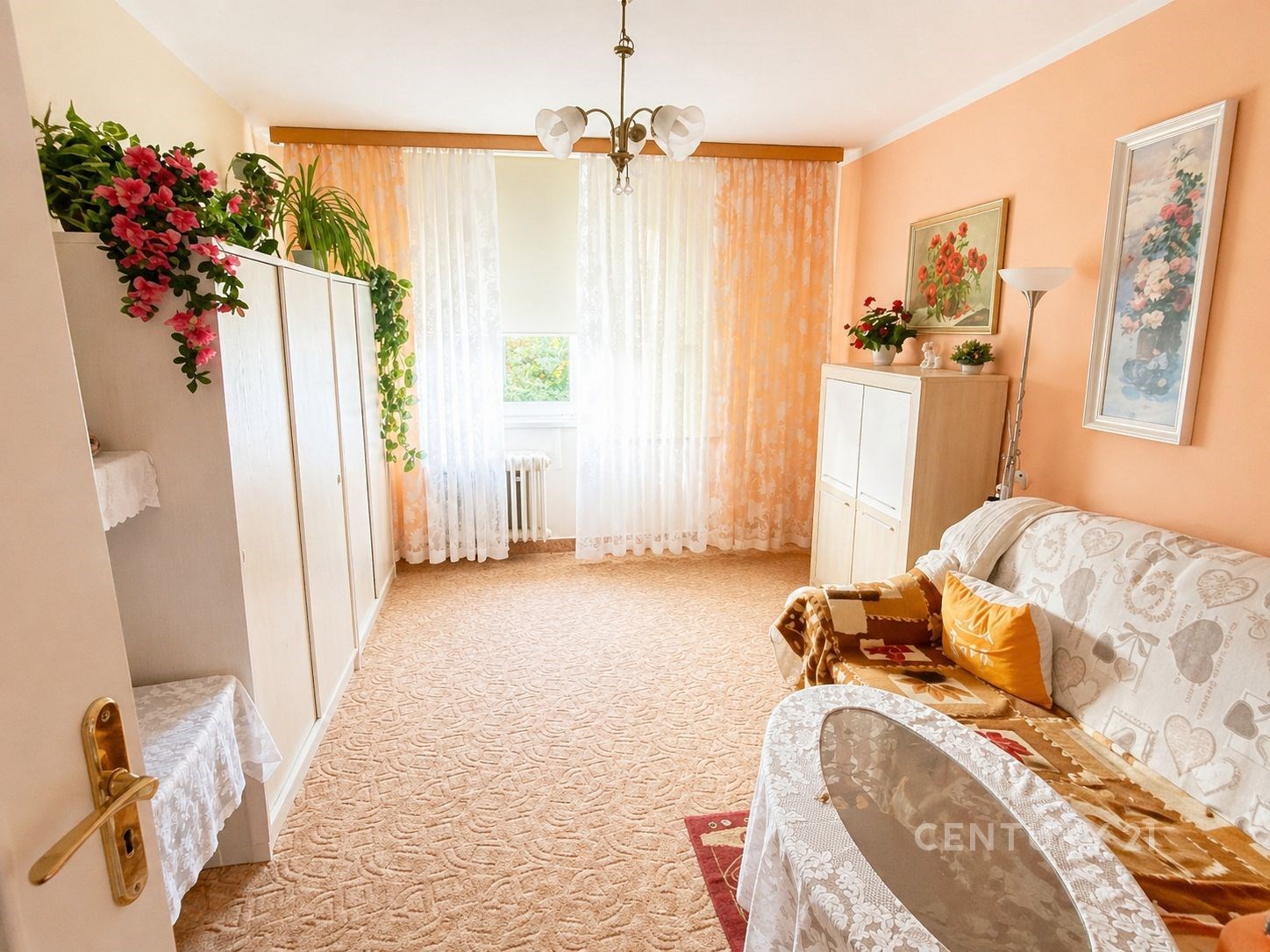 Světlý obývací pokoj s kobercem, velká okna a vest