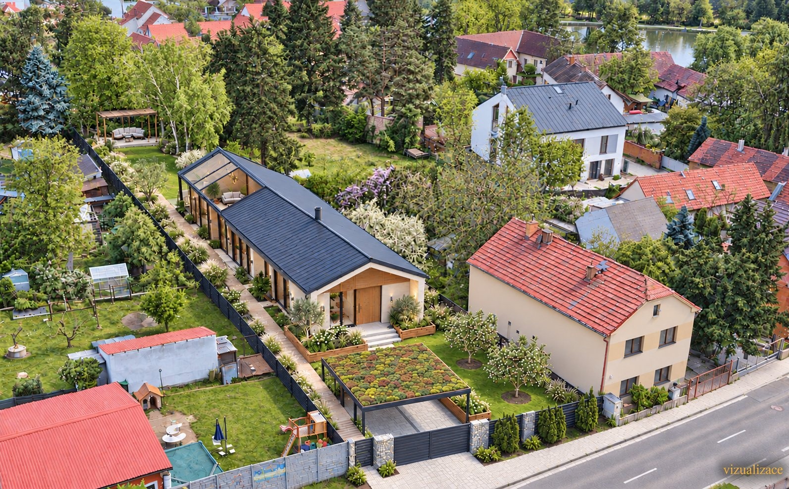 Denní pohled na bungalow se zeleným přístřeškem