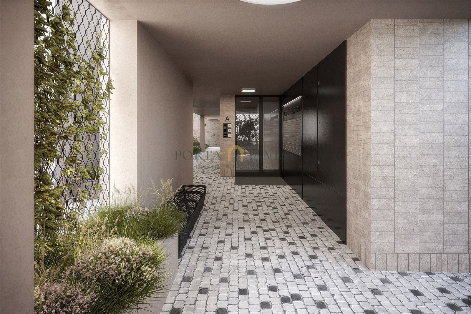 Vstupní prostor s moderní dlažbou, světlými stěnami a dekorativními rostlinami, nabízí elegantní vzhled a profesionální design.