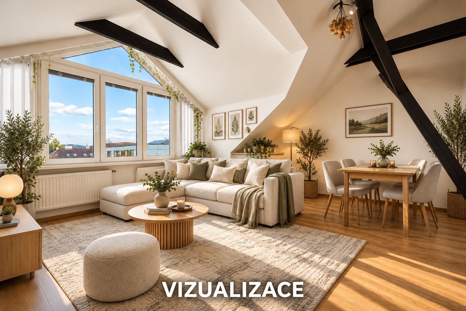 Skandinávský loft s nápisem VIZUALIZACE