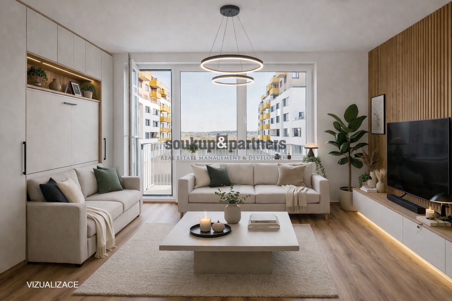 vizualizace obývacího pokoje s řešením vestavěné s