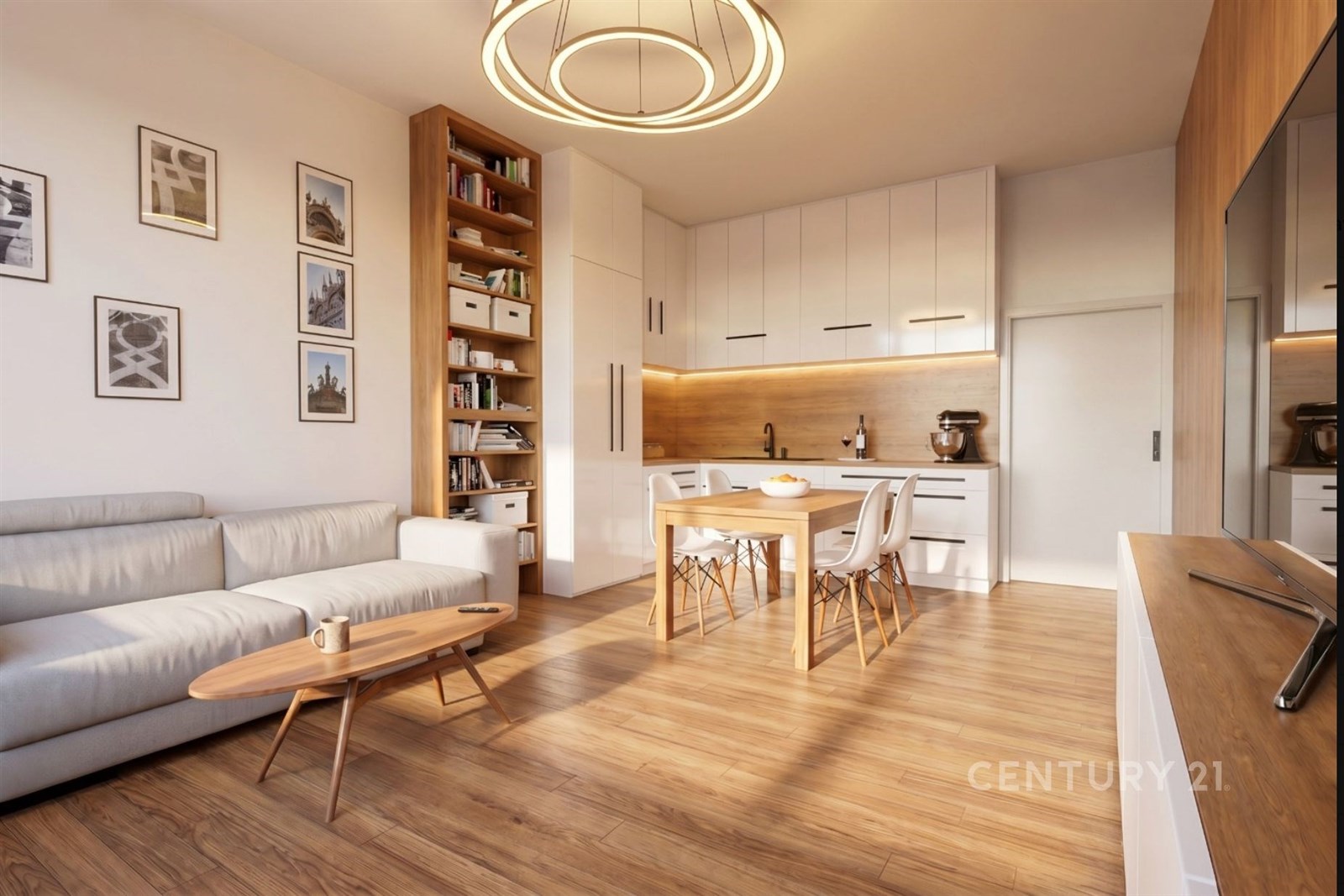Světlý obývací pokoj s moderní kuchyní, parketová podlaha, vestavěné skříně, dřevěný nábytek, otevřený prostor, minimalistický styl.