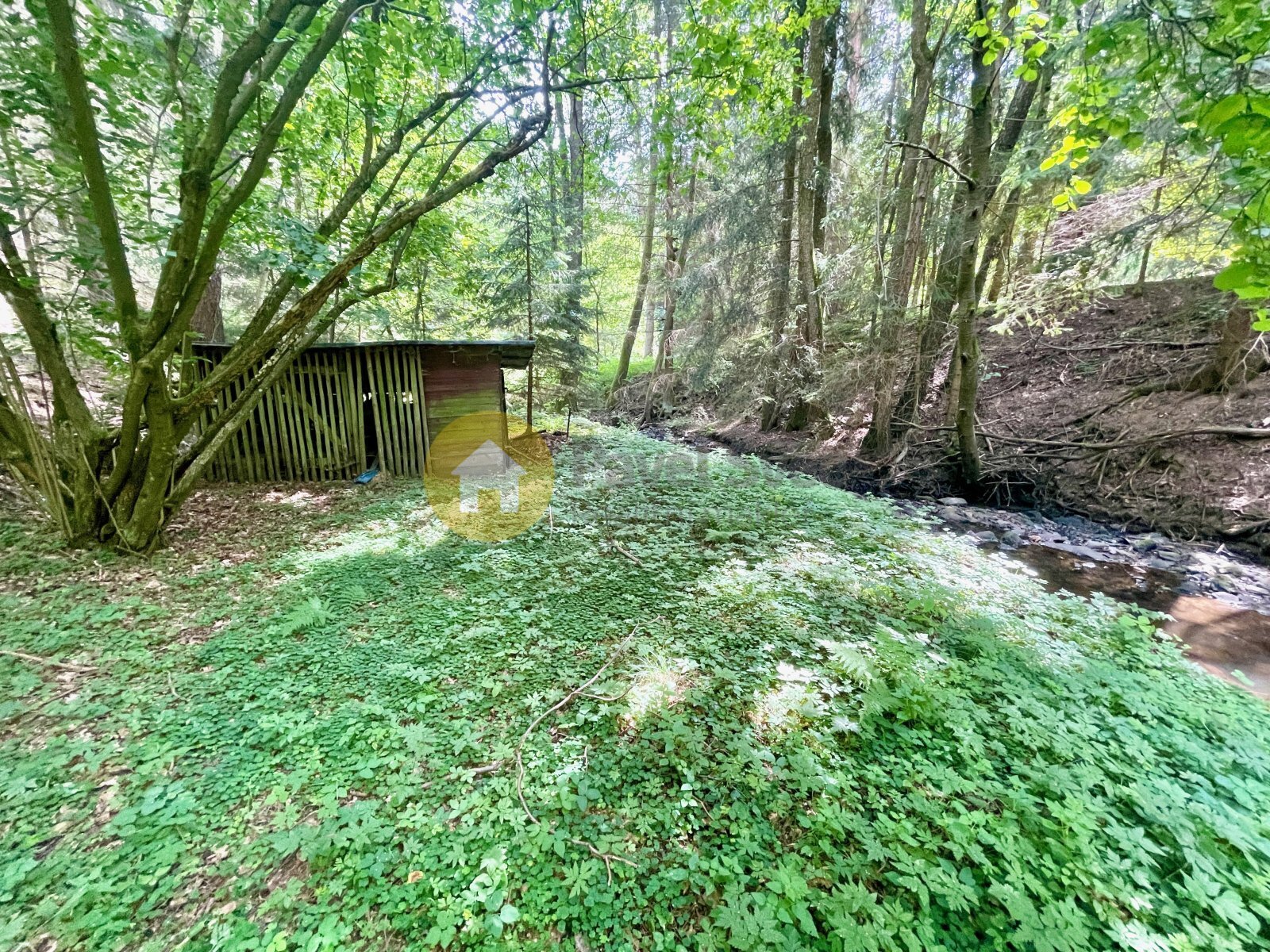 Okolí chaty, dřevník u potoka