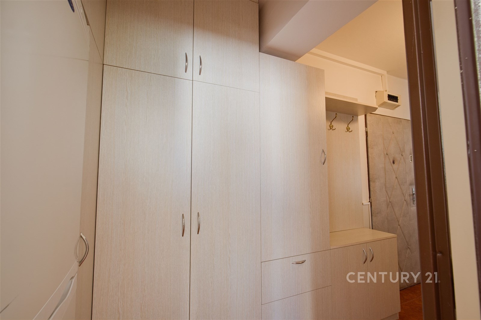Vstupní chodba s vestavěnými skříněmi, dřevěné povrchy a moderní design, nabízí praktické úložné prostory v renovovaném interiéru.