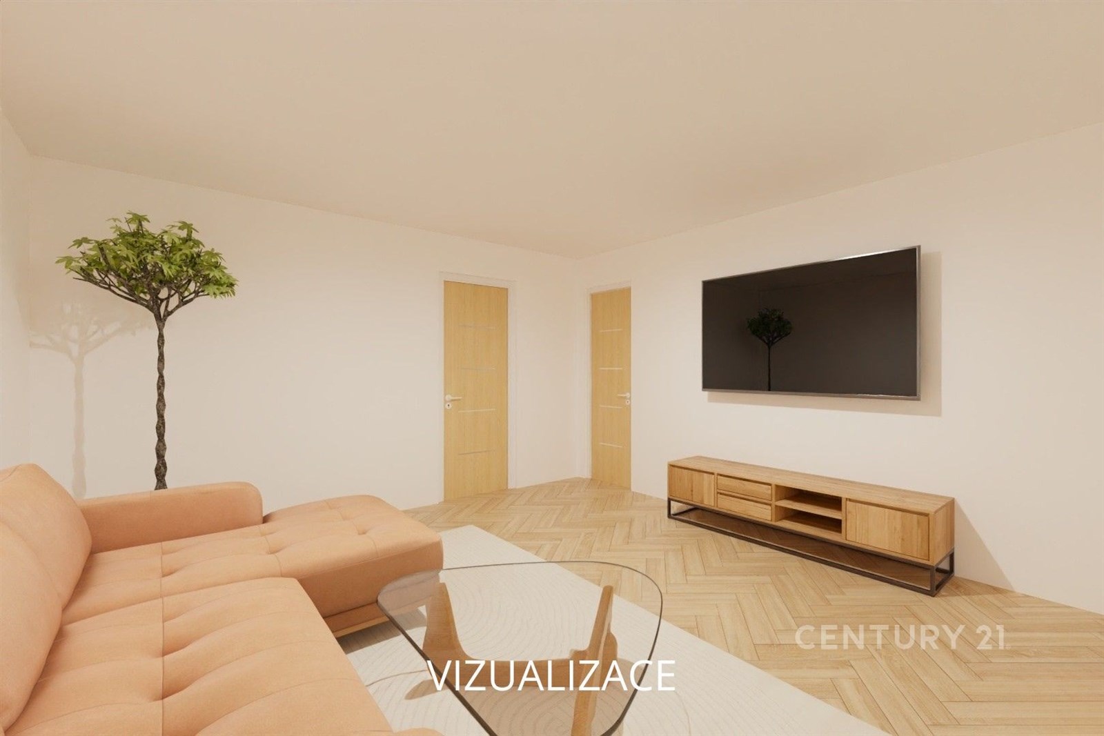 Světlý obývací pokoj s parketovou podlahou, modern