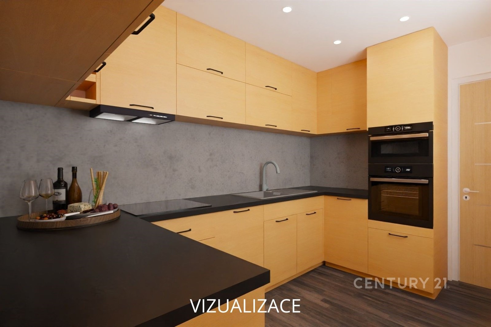 Moderní kuchyň s dřevěnými skříňkami, šedou pracov