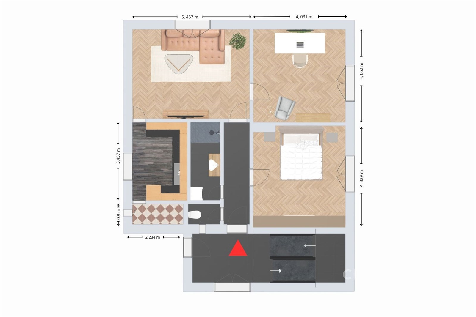 Půdorys bytu s parketovou podlahou, moderním obýva