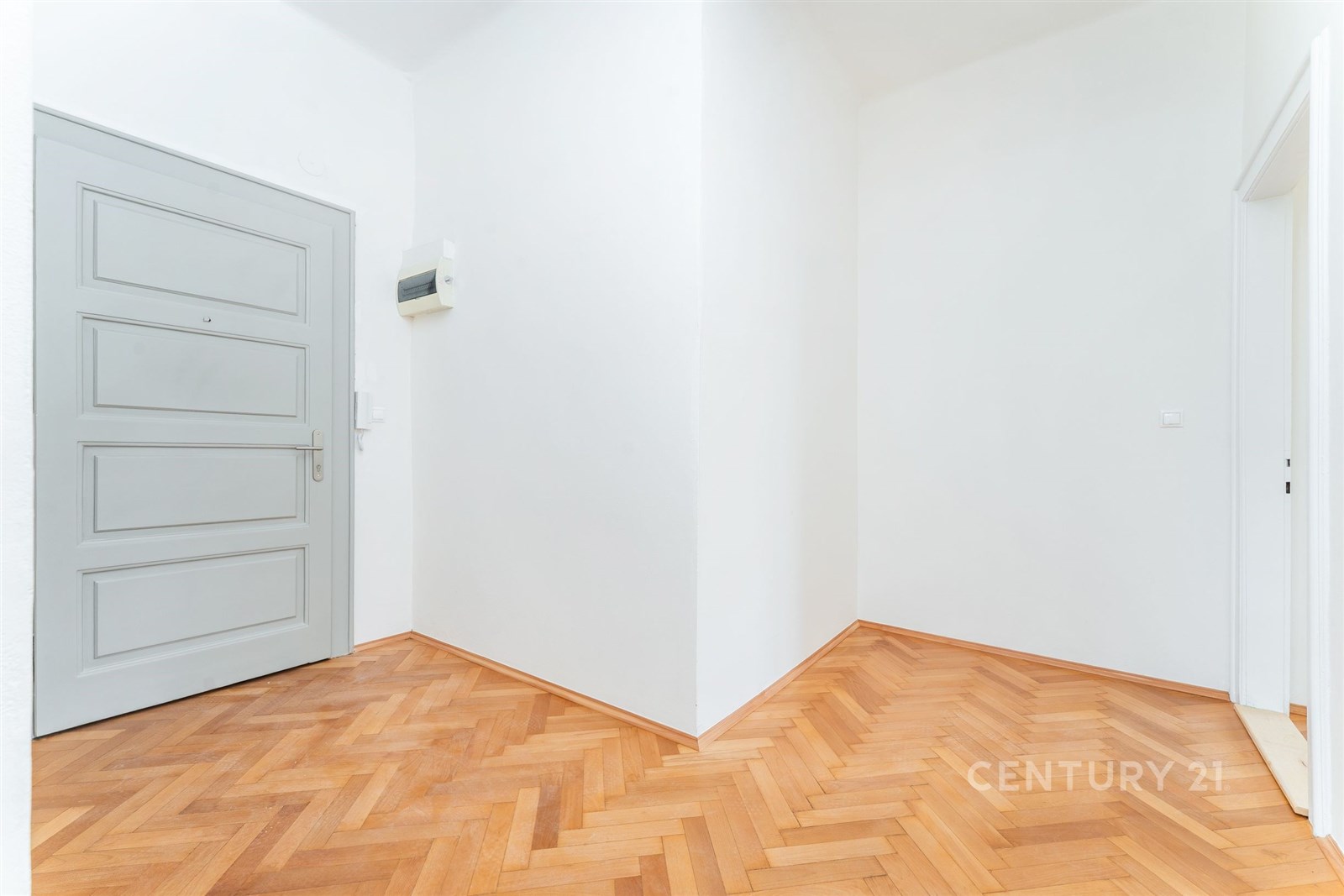 Vstupní hala s parketovou podlahou, bílé stěny, mo