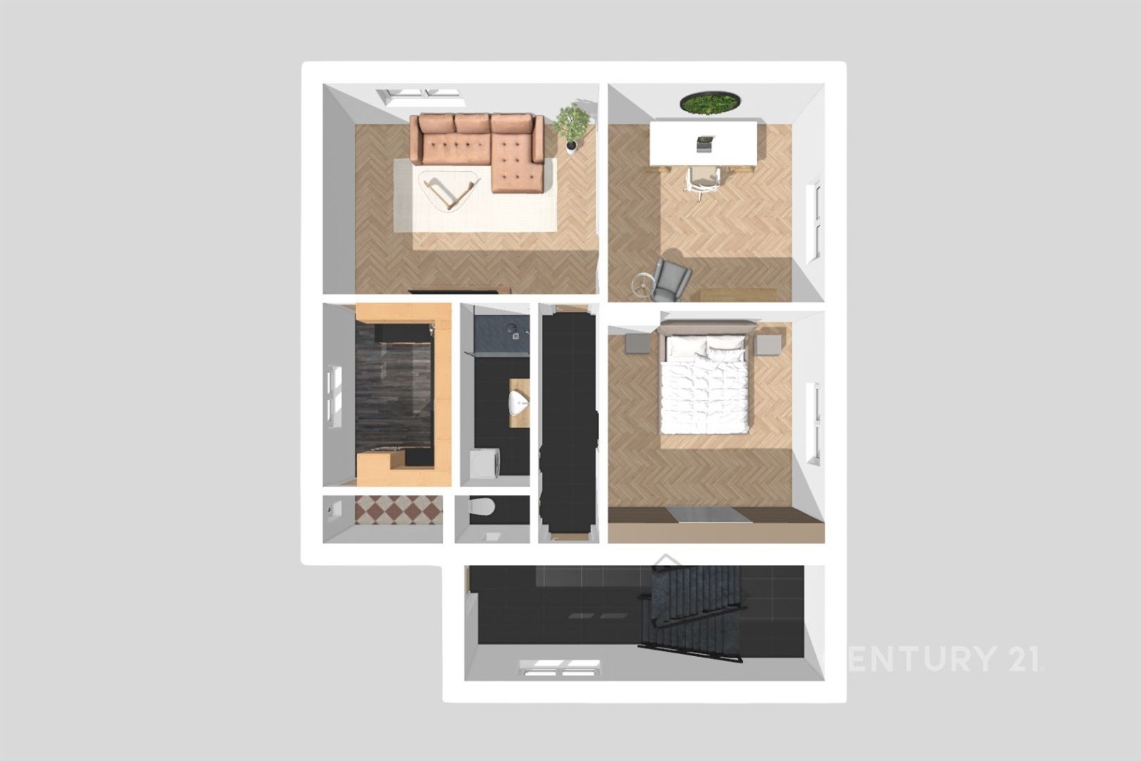 Bytový půdorys s moderním obývacím pokojem, parket