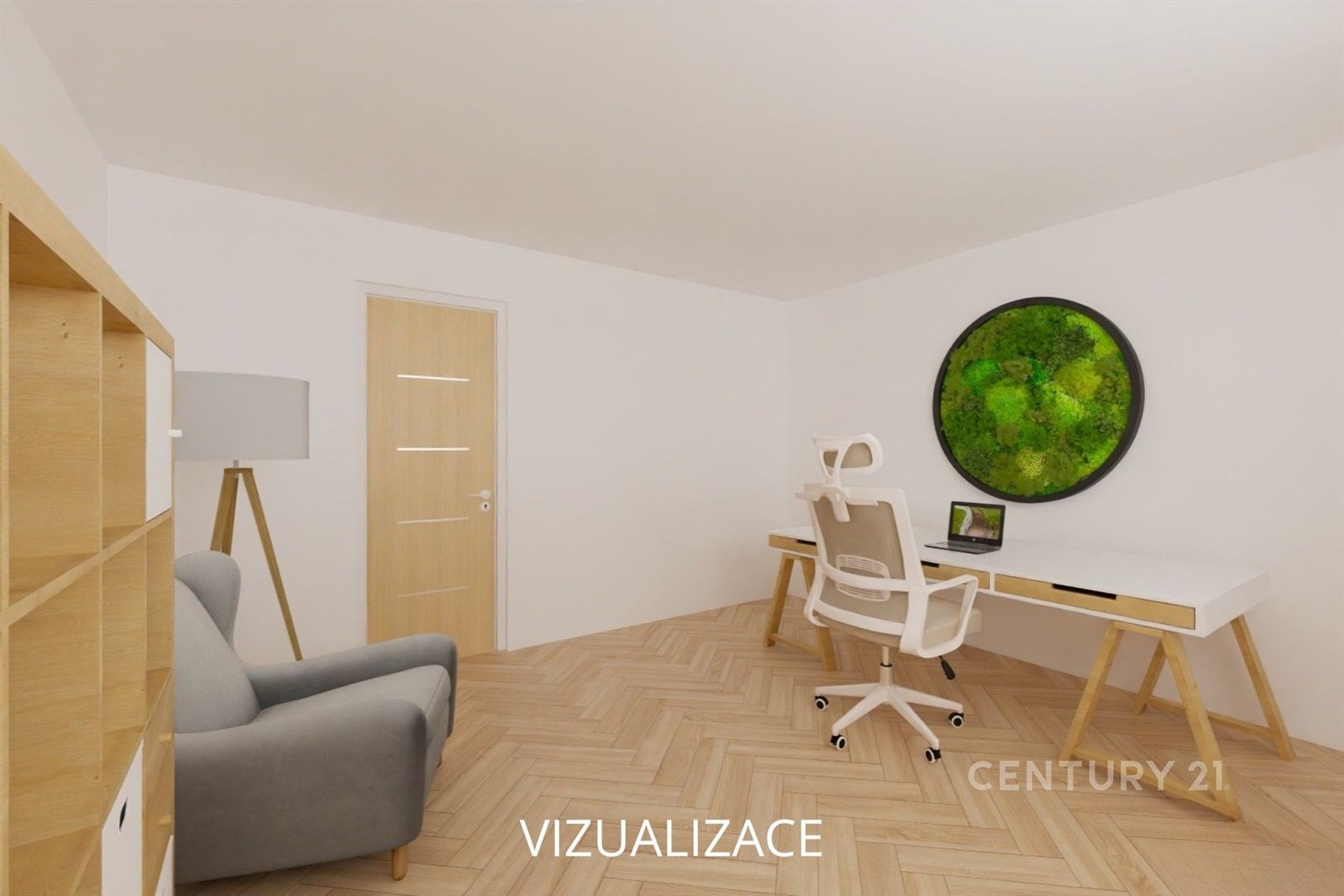 Domácí kancelář s parketovou podlahou, moderní náb