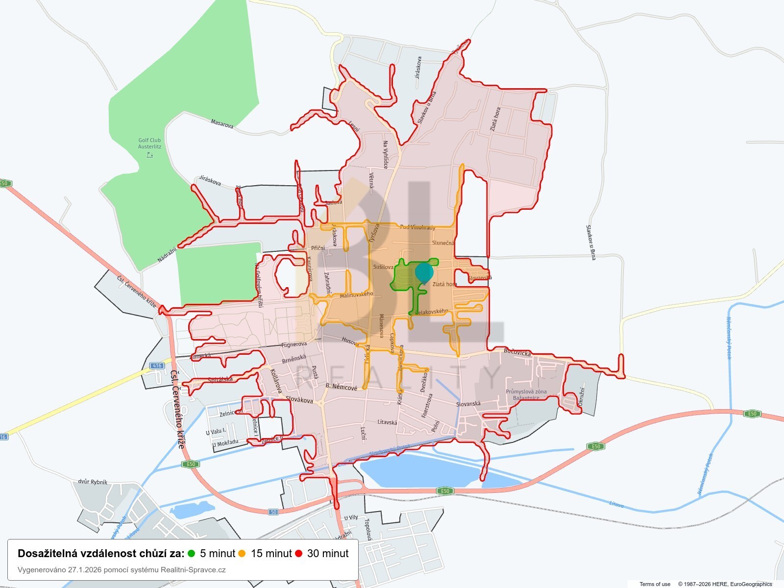 Dosažitelná vzdálenost: chůze