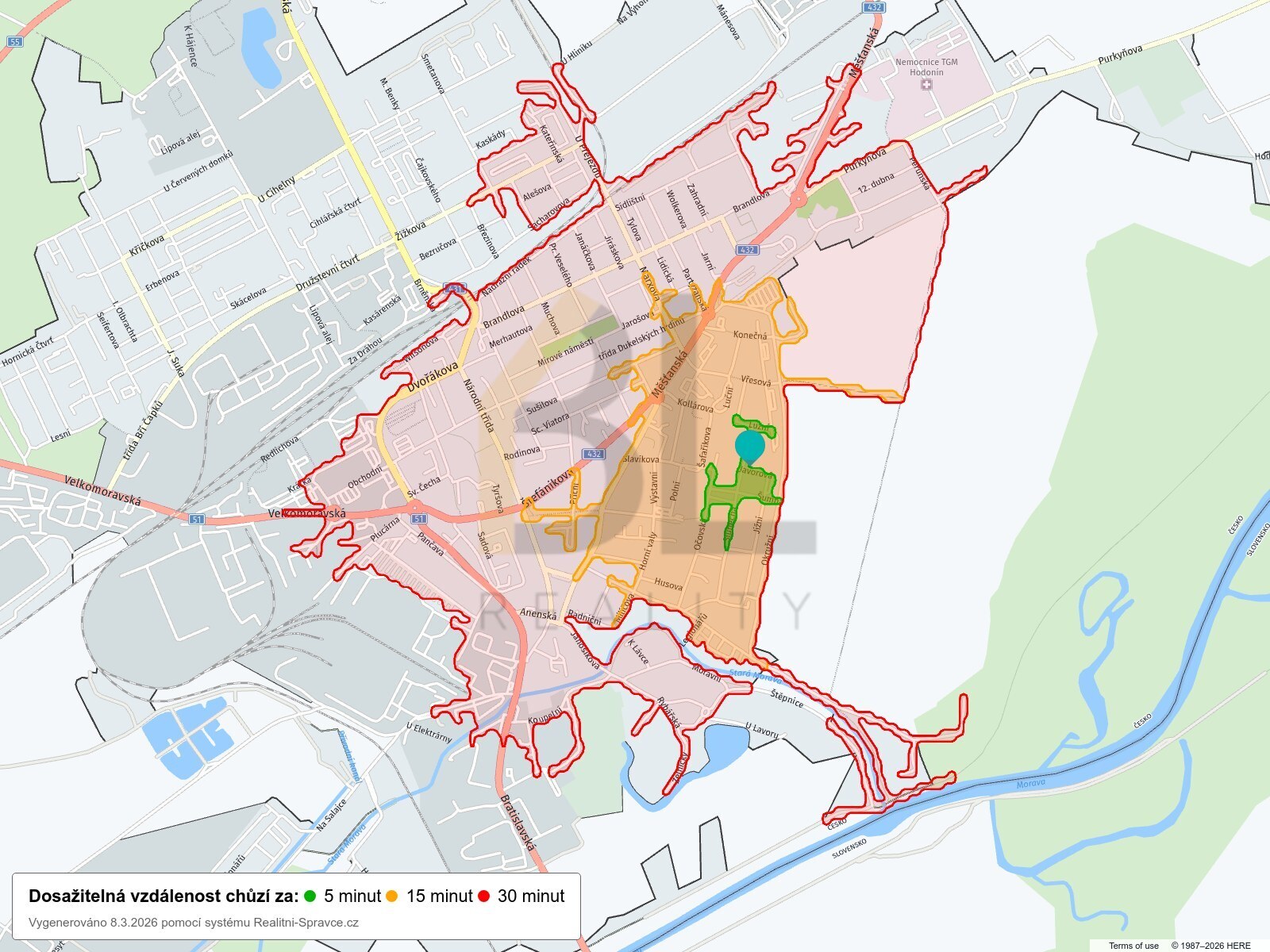 Dosažitelná vzdálenost: chůze