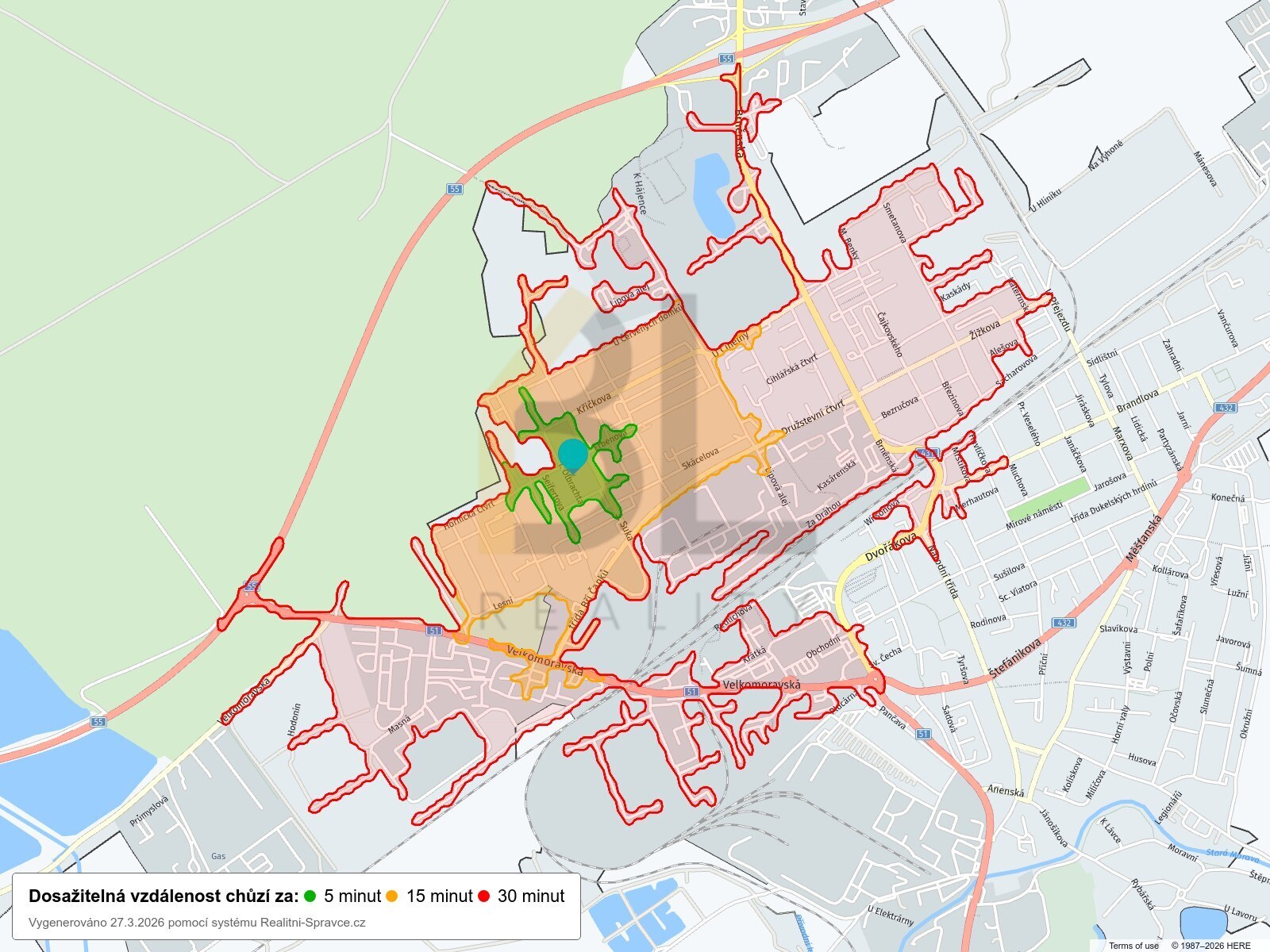 Dosažitelná vzdálenost: chůze