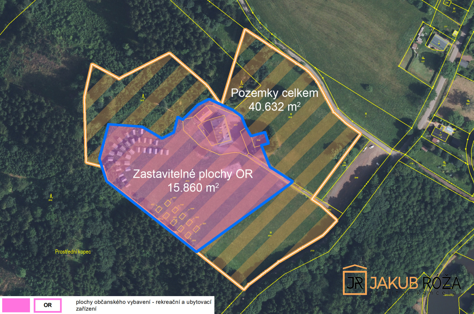 Areál a územní plán v katastrální a letecké mapě