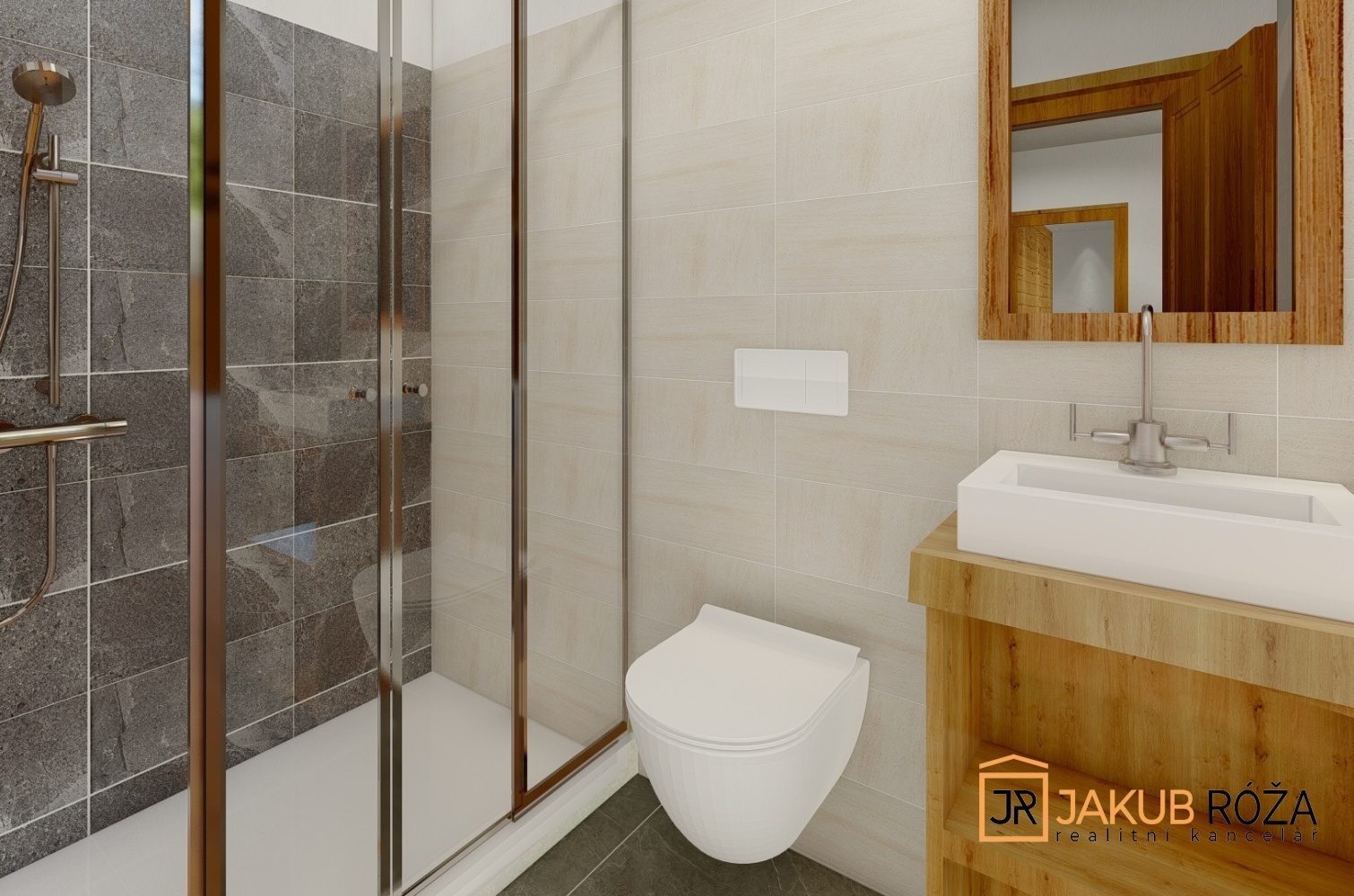 Vizualizace koupelny se sprchou a toaletou