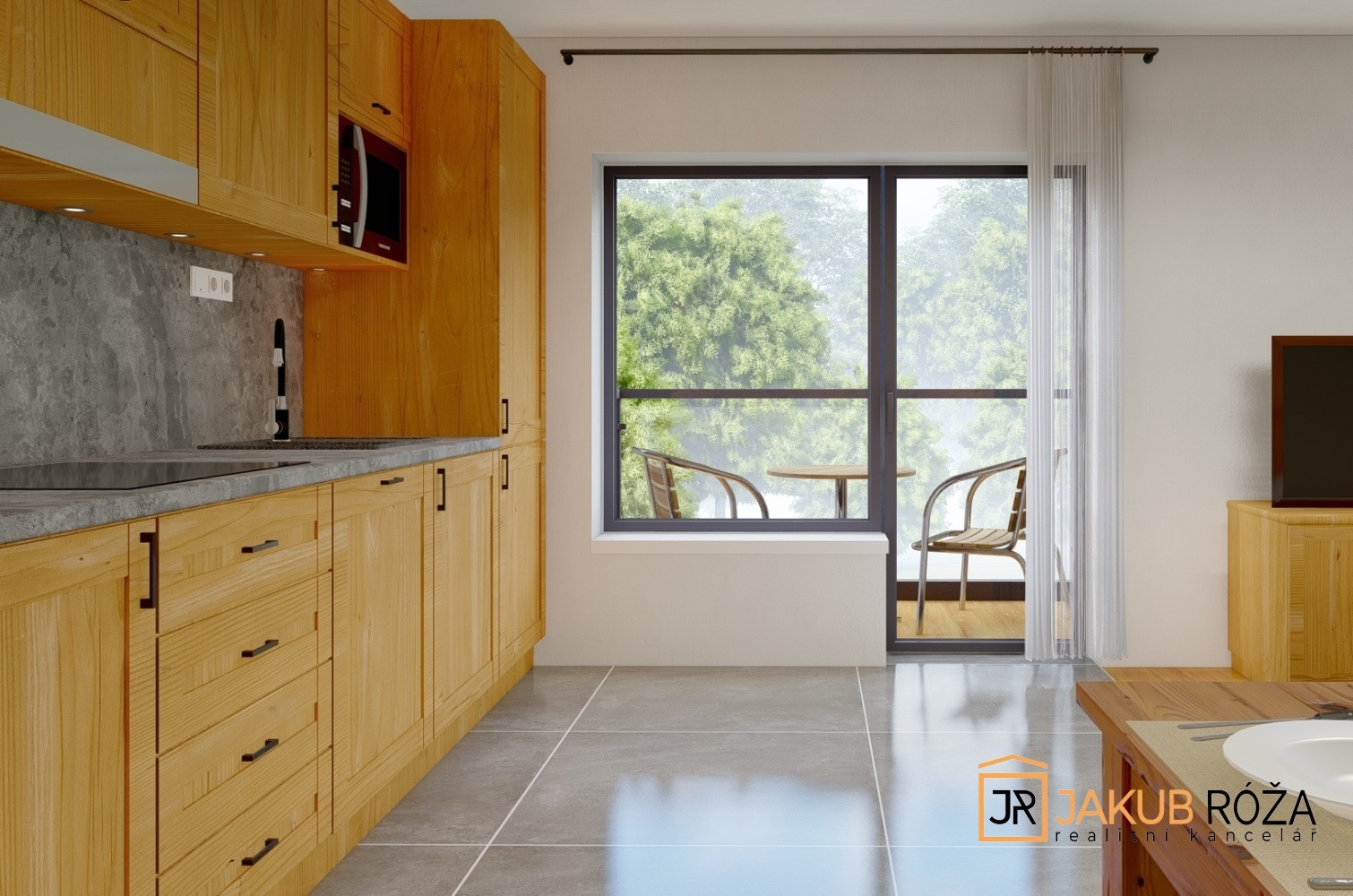 Vizualizace obývacího pokoje s kuchyňským koutem