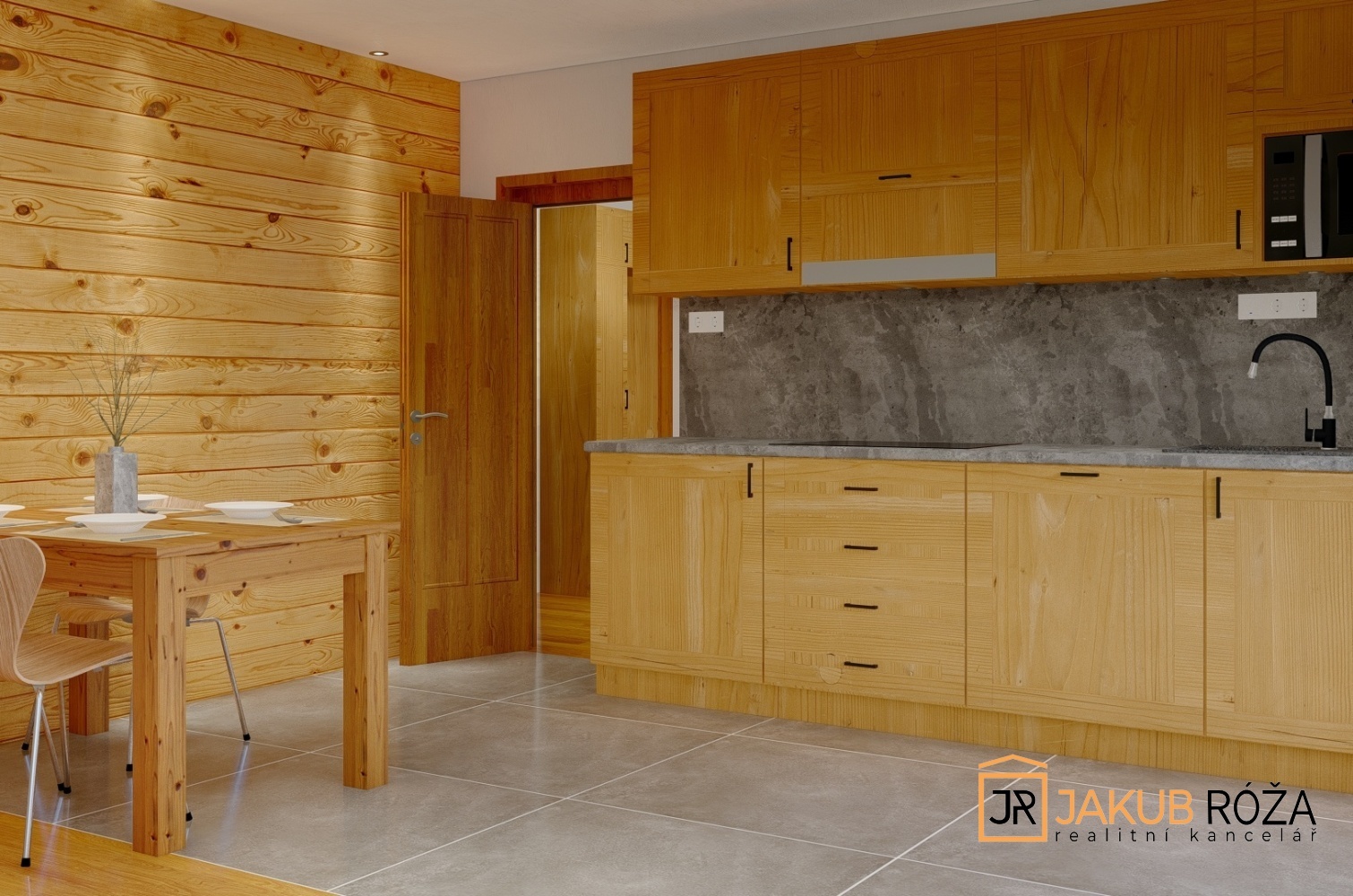 Vizualizace obývacího pokoje s kuchyňským koutem