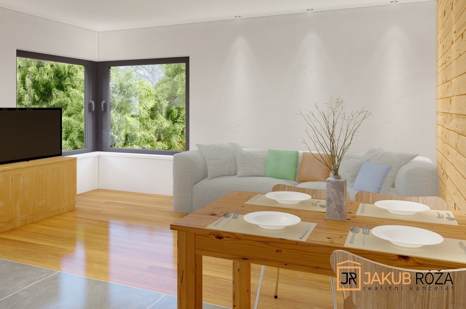 Vizualizace obývacího pokoje s kuchyňským koutem