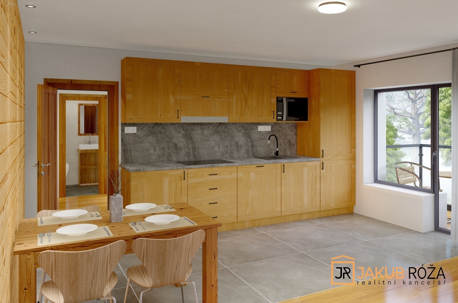 Vizualizace obývacího pokoje s kuchyňským koutem