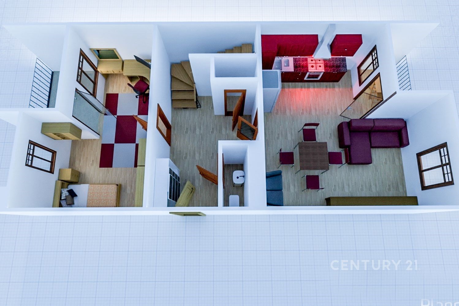 Půdorys moderního bytu s parketovou podlahou, světlá kuchyň s červenými skříňkami, prostorný obývací pokoj a ložnice s vestavěnou skříní.