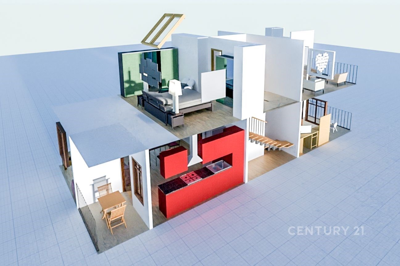 Řez moderním domem s parketovou podlahou, otevřeným schodištěm a velkými okny. Interiér zahrnuje světlý design a prostorné pokoje.