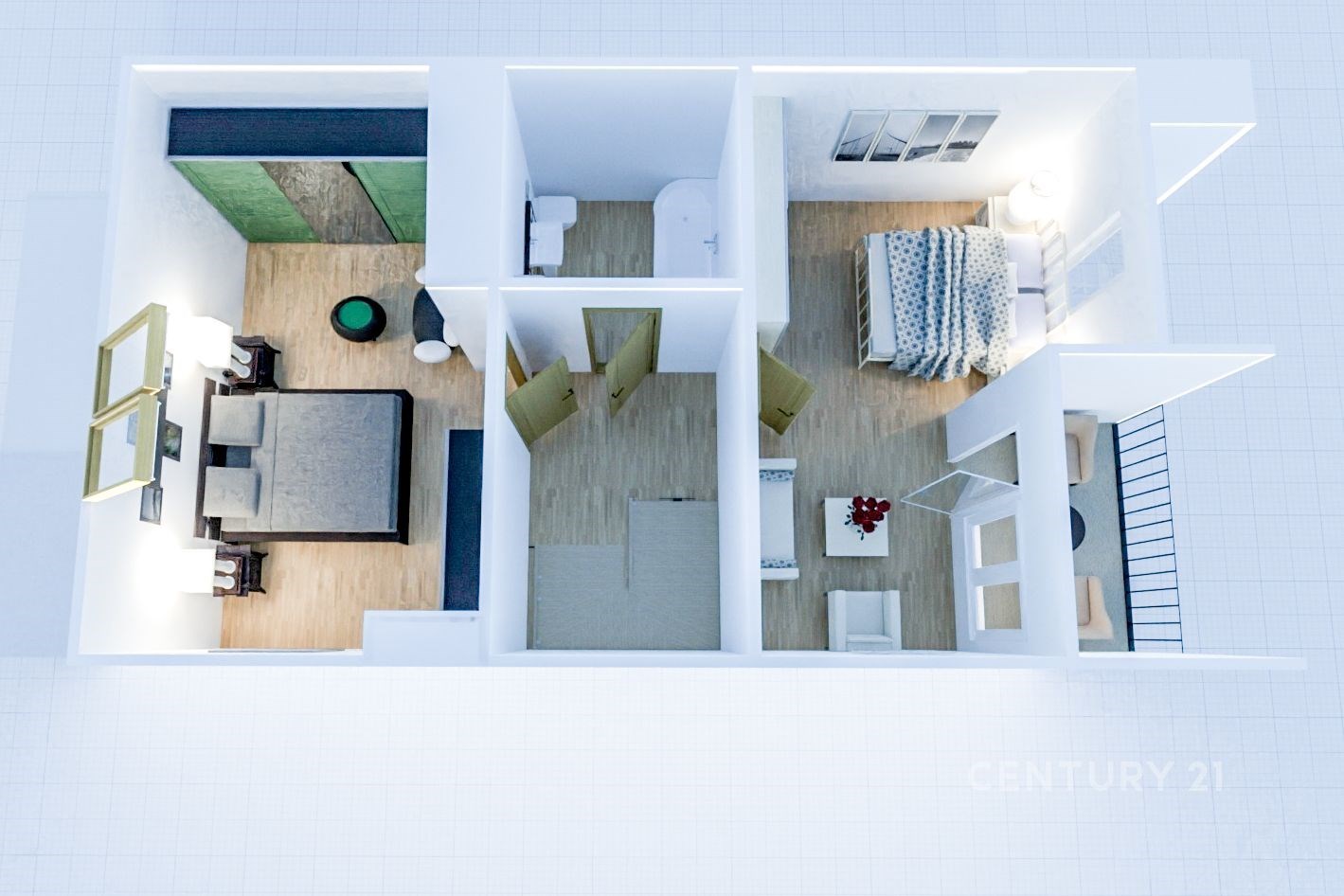 Půdorys bytu se dvěma ložnicemi, parketová podlaha, vestavěné skříně, moderní styl, světlé místnosti.