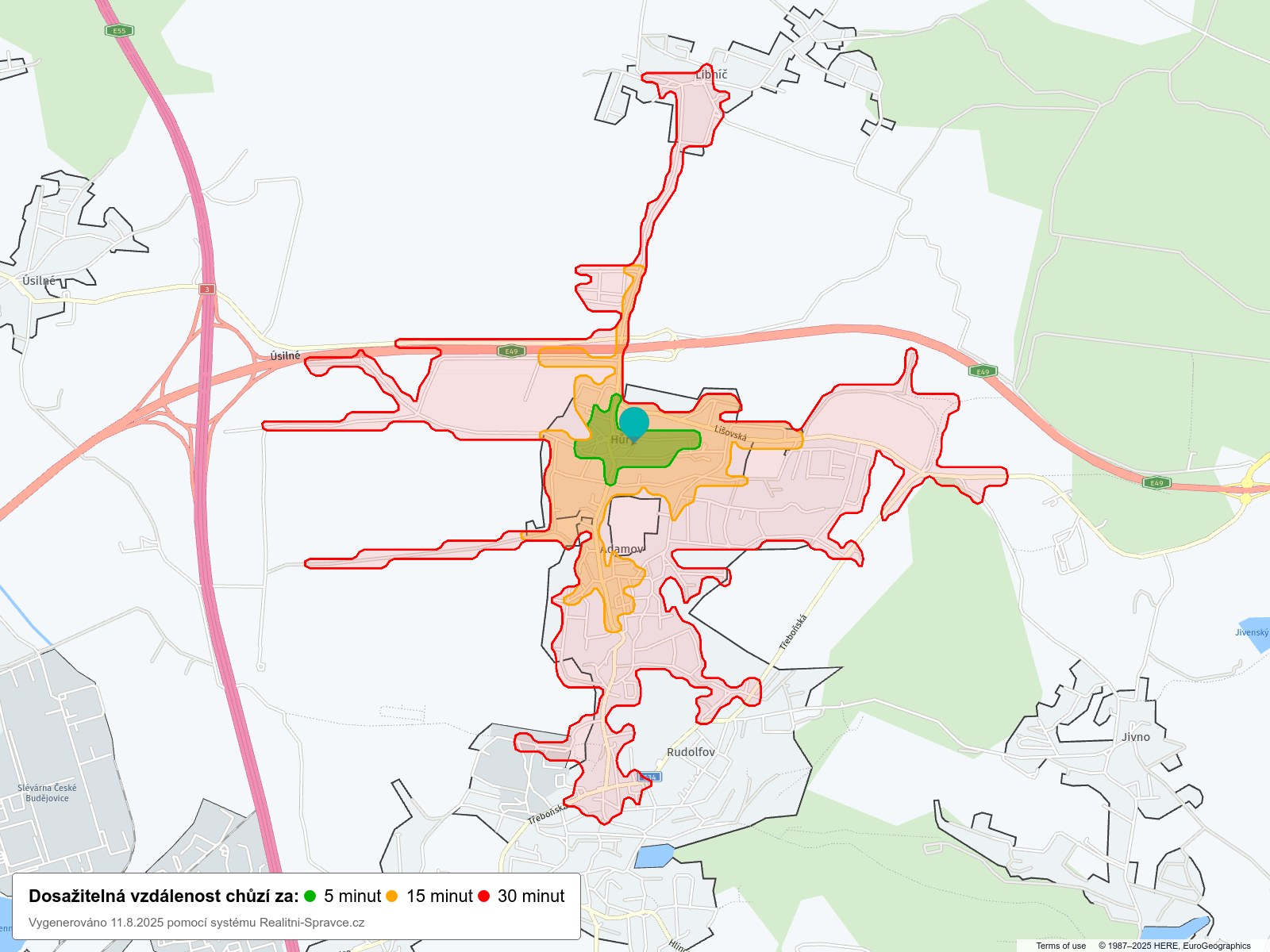 Dosažitelná vzdálenost: chůze