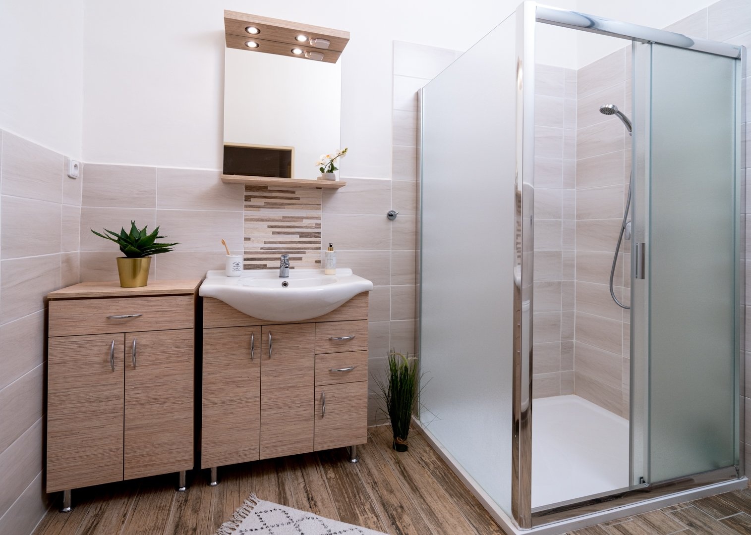 Prostorná koupelna se sprchovým koutem