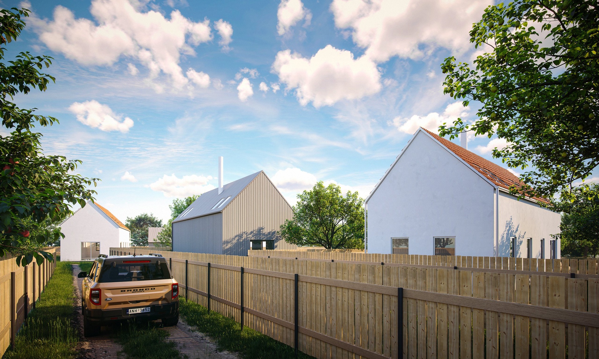 Vizualizace příjezdové cesty. Dům s dřevěnou fasád