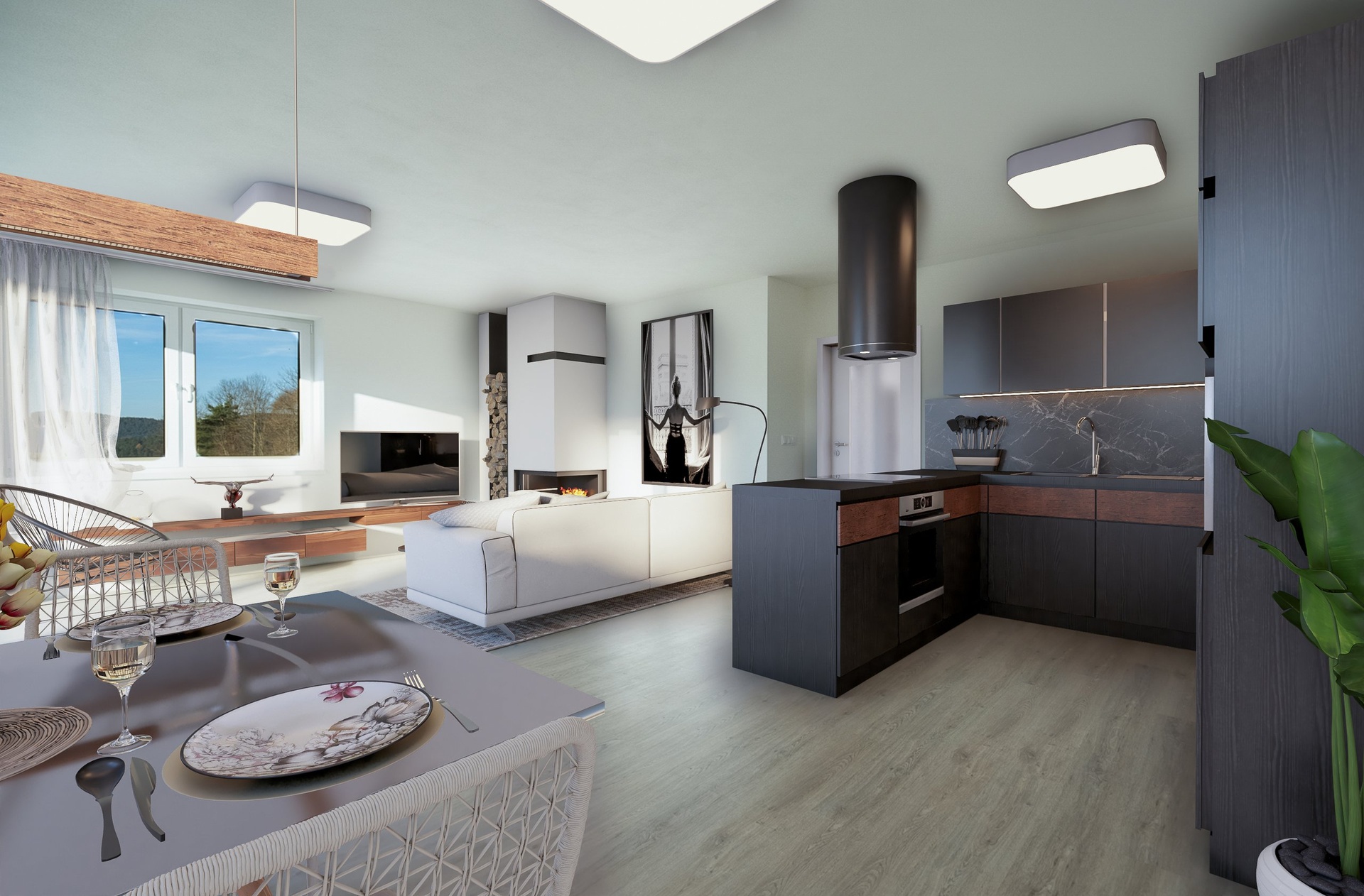 Vizualizace obývacího pokoje s kuchyňskou linkou.