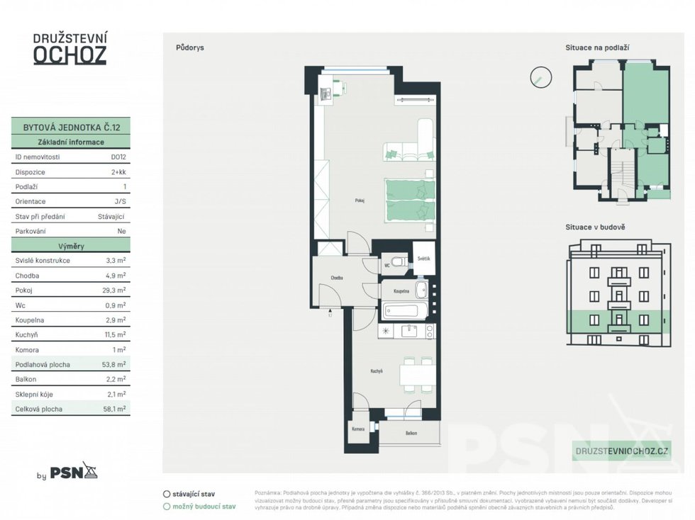 Bytová jednotka č. 12 o dispozici 2+kk a podlahové ploše 53,8 m2