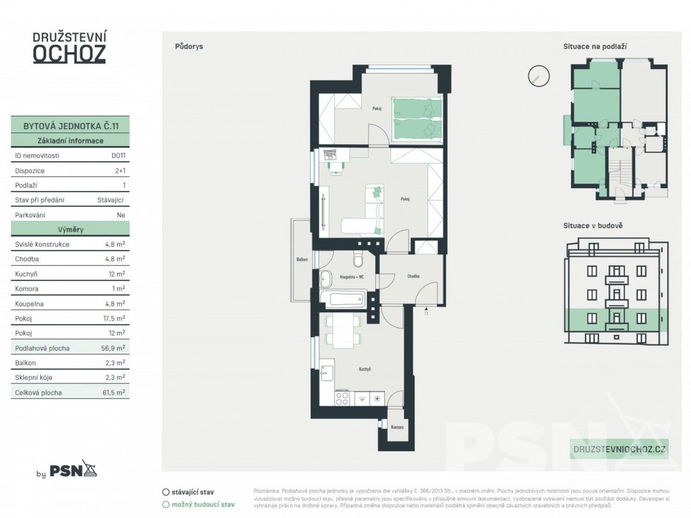 Bytová jednotka č. 11 o dispozici 2+1 a podlahové ploše 56,9 m2
