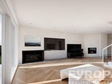 obývací pokoj s parketová podlaha, přirozené světlo, a krb